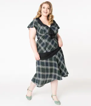 Unique Vintage Plus Size 1920s Green & Ivory Plaid Wilshire Flapper Day Dress