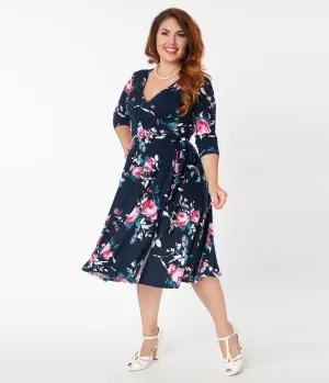 Unique Vintage Plus Size 1940s Navy & Pink Floral Sleeved Kelsie Wrap Dress