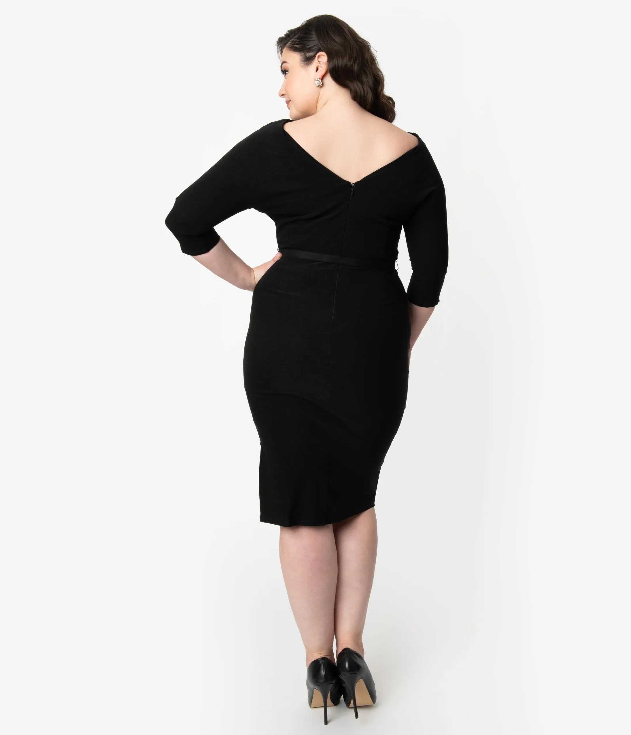 Unique Vintage Plus Size 1940s Style Black Stretch Sleeved Adelia Wiggle Dress