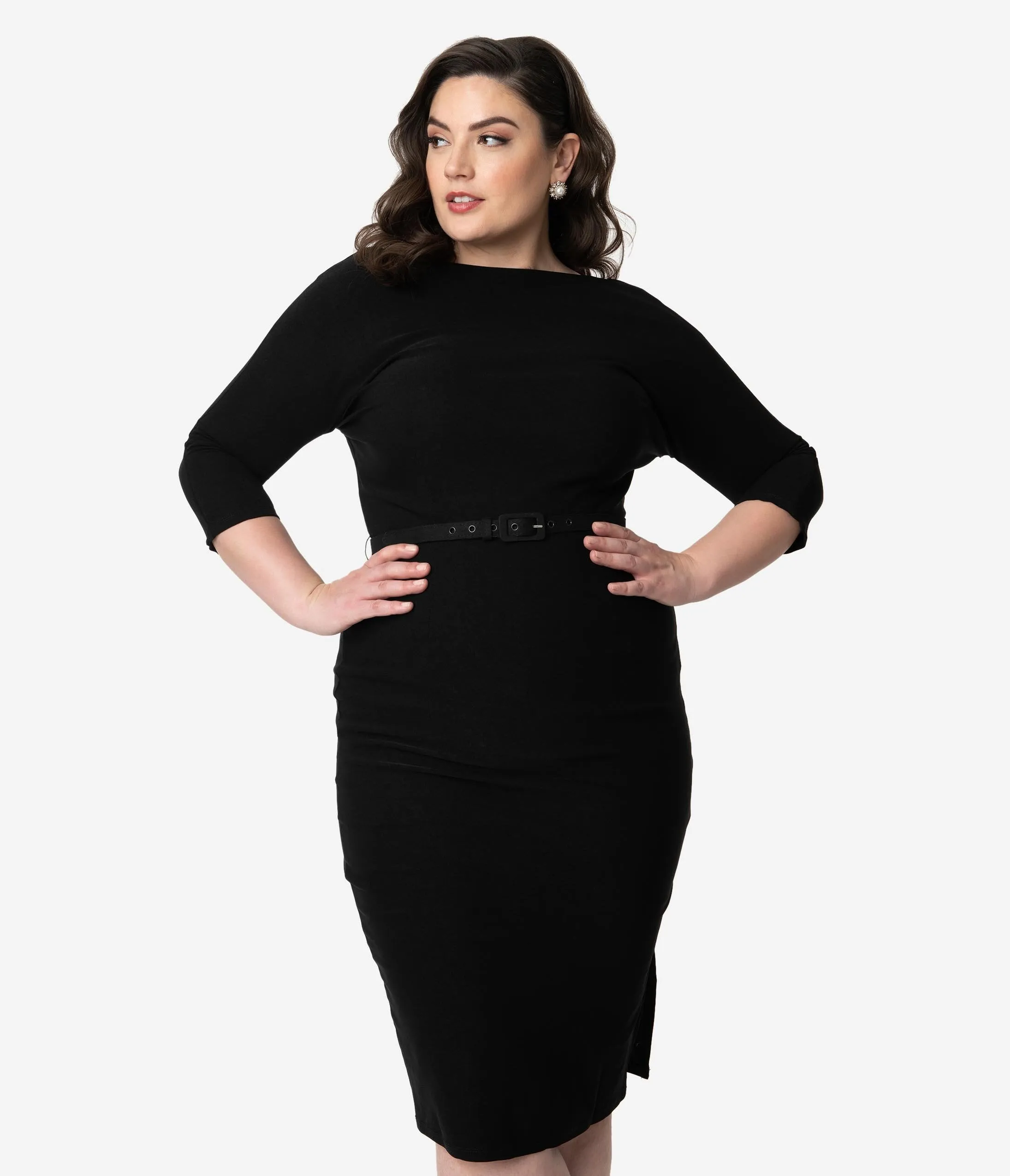 Unique Vintage Plus Size 1940s Style Black Stretch Sleeved Adelia Wiggle Dress