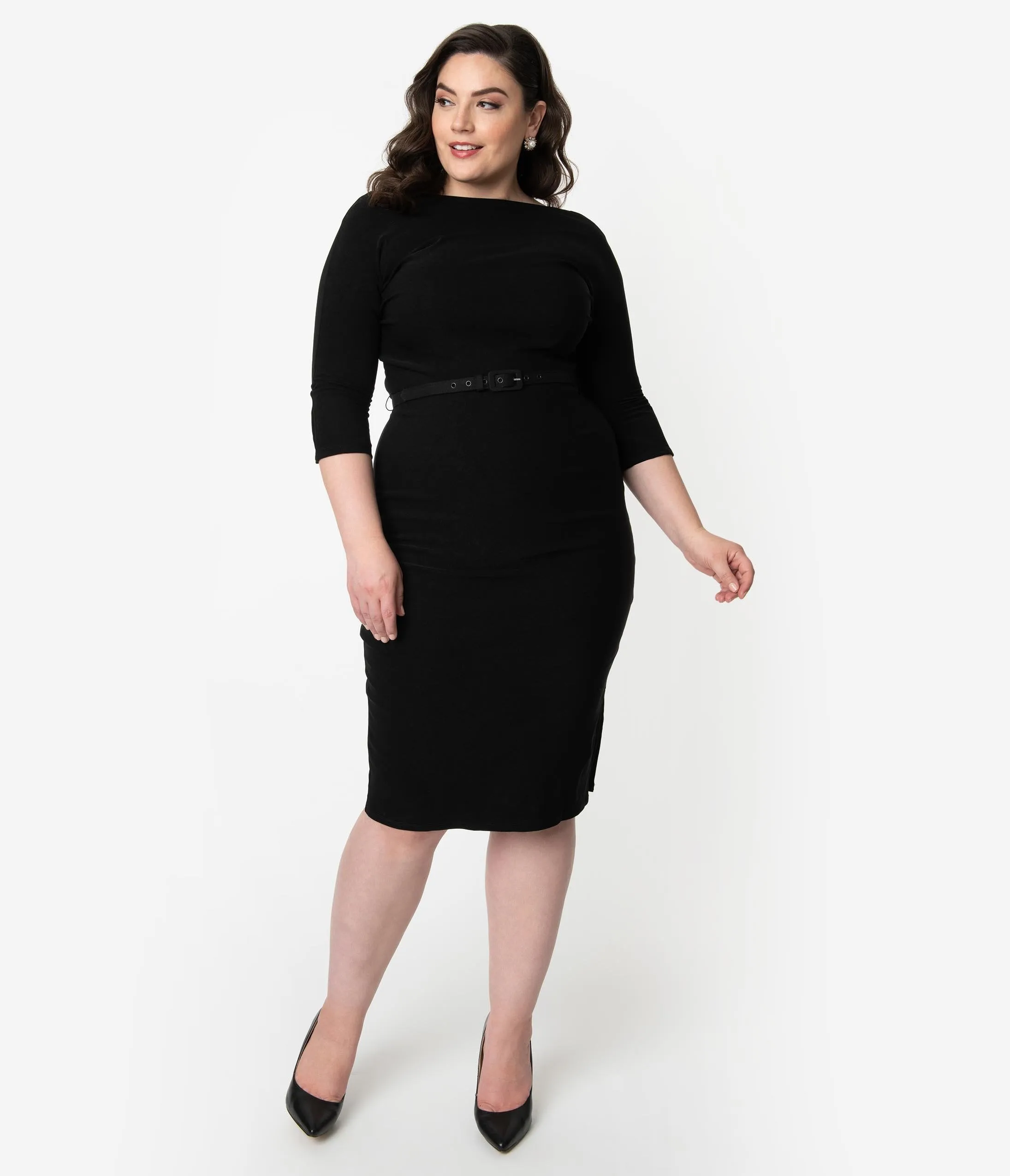 Unique Vintage Plus Size 1940s Style Black Stretch Sleeved Adelia Wiggle Dress