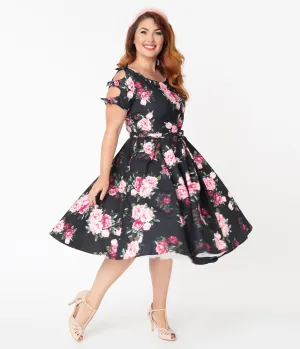 Unique Vintage Plus Size 1950s Black & Pink Peony Floral Selma Swing Dress