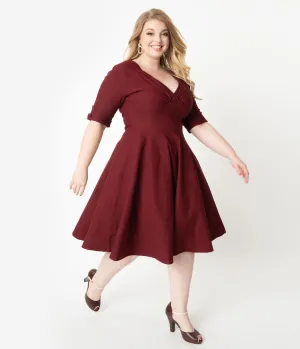 Unique Vintage Plus Size 1950s Burgundy Red Delores Swing Dress with Sleeves