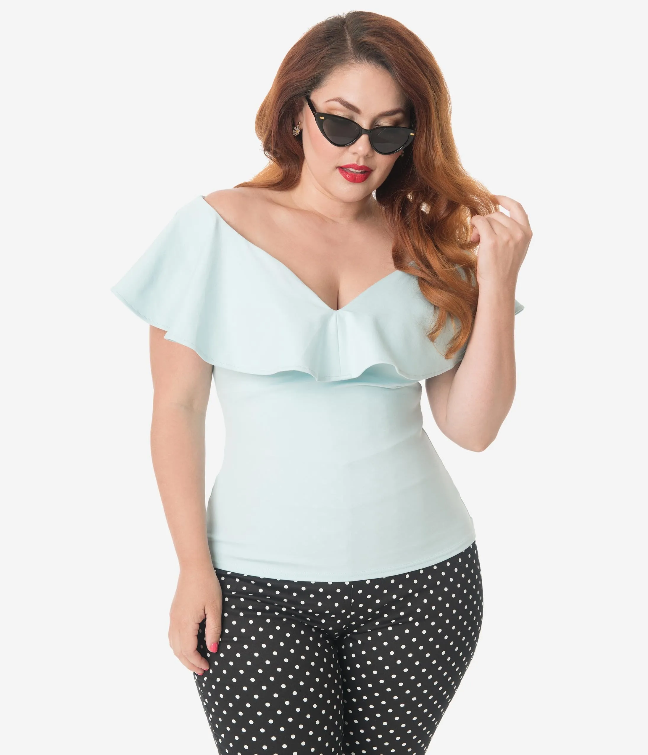 Unique Vintage Plus Size 1950s Pale Blue Ruffle Frenchie Top