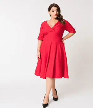 Unique Vintage Plus Size 1950s Red Delores Swing Dress with Sleeves