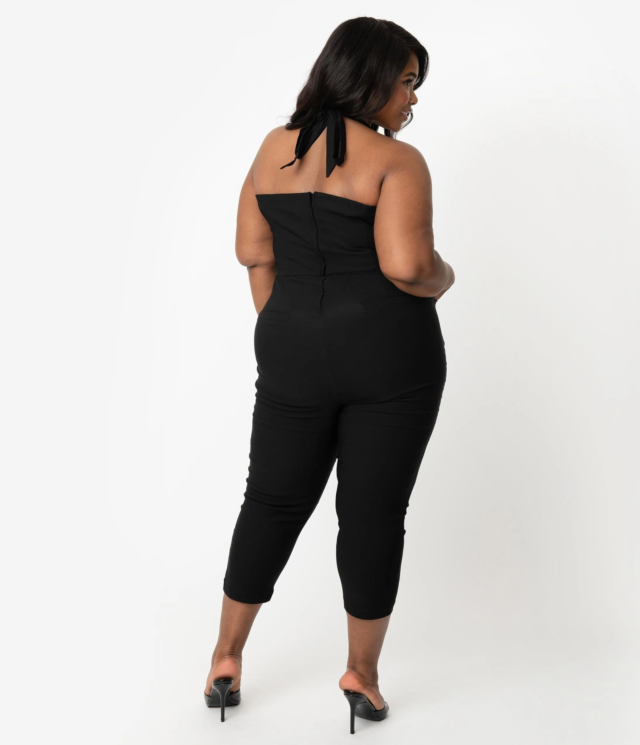 Unique Vintage Plus Size 1950s Style Black Halter Marcel Cropped Jumpsuit