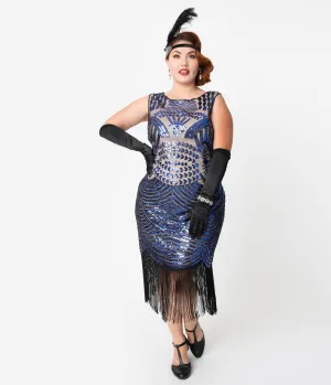 Unique Vintage Plus Size Beige & Royal Blue Sequin Rouen Fringe Flapper Dress