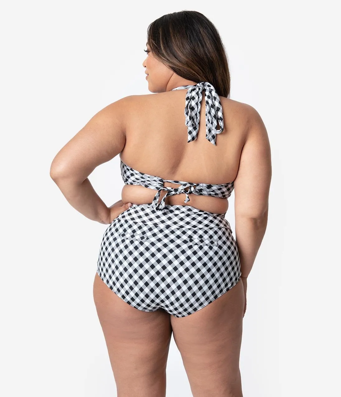 Unique Vintage Plus Size Black & White Gingham Gilda High Waist Swim Bottoms