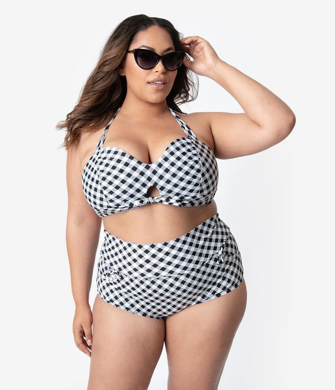 Unique Vintage Plus Size Black & White Gingham Gilda High Waist Swim Bottoms