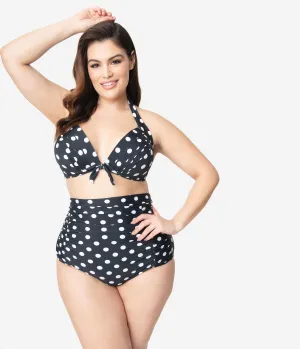 Unique Vintage Plus Size Black & White Polka Dot Monroe High Waist Bikini Bottom