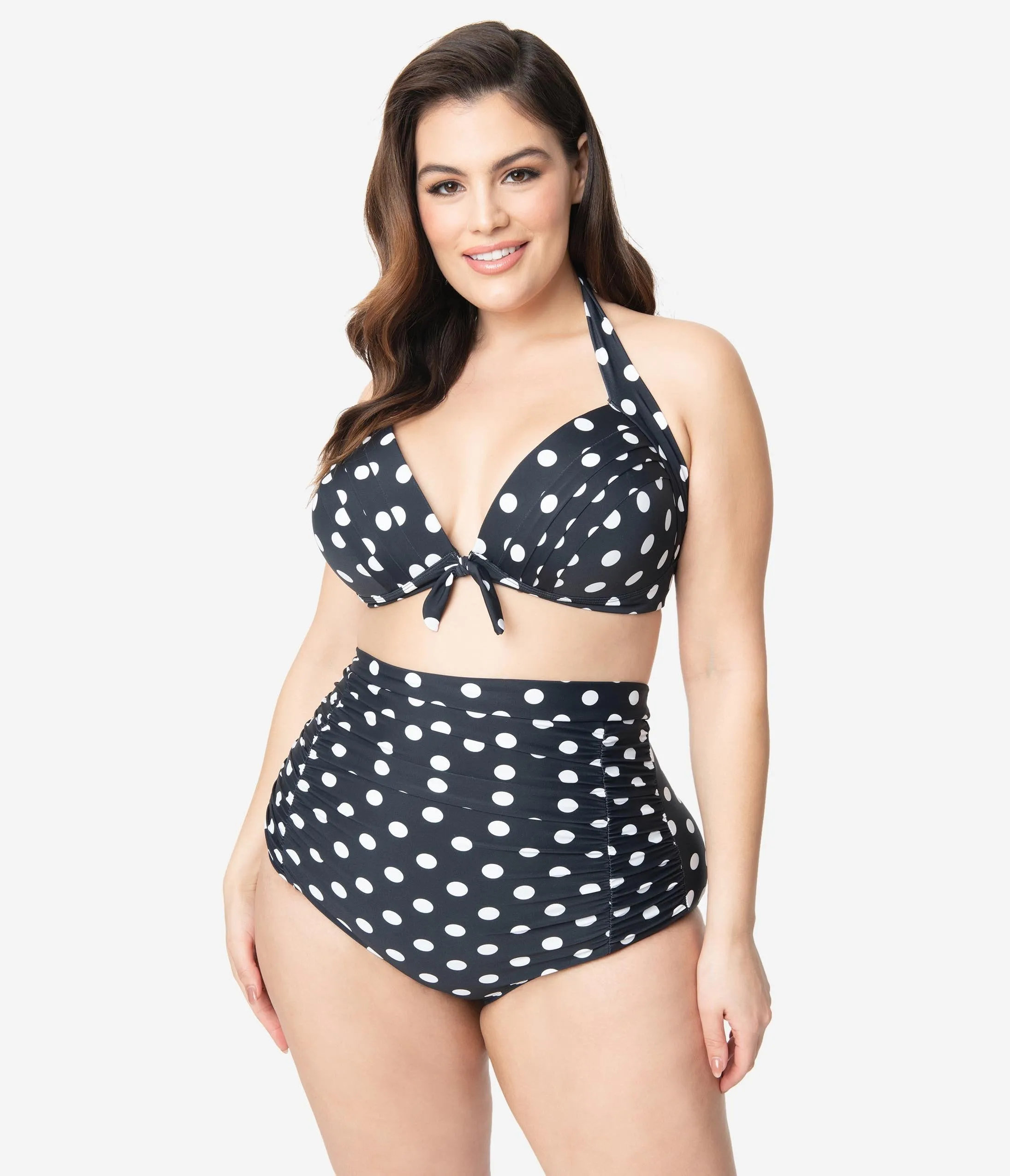 Unique Vintage Plus Size Black & White Polka Dot Monroe High Waist Bikini Bottom