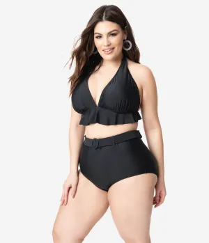 Unique Vintage Plus Size Black Belted Retro Redondo Swim Bottoms