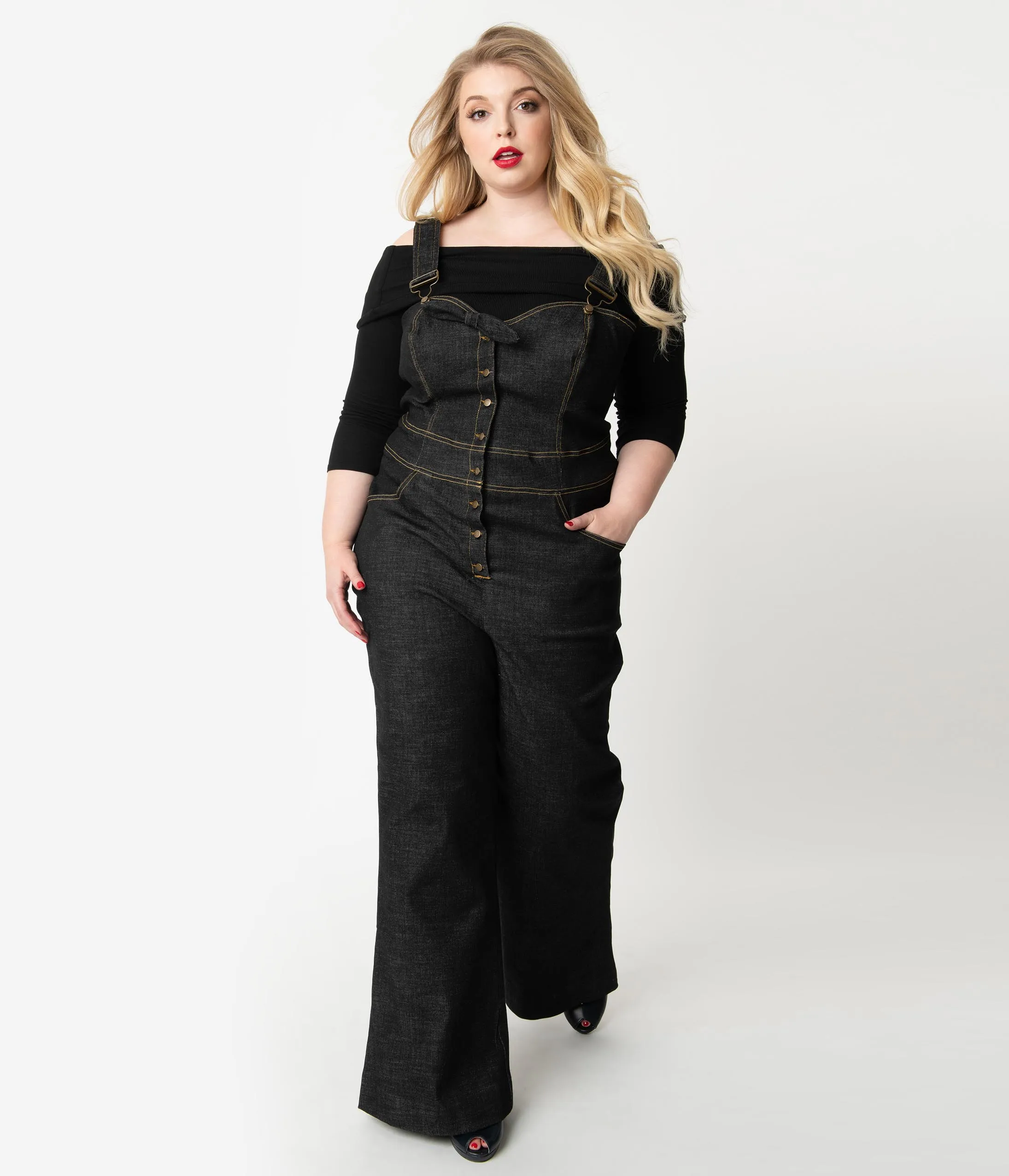 Unique Vintage Plus Size Black Denim Jean Sweetheart Ellie Overalls