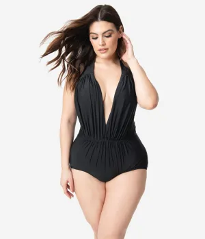 Unique Vintage Plus Size Black Halter Shirred Derek One Piece Swimsuit