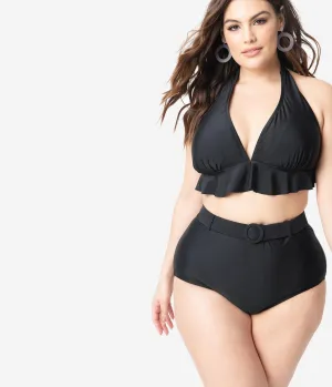 Unique Vintage Plus Size Black Ruffle Oceanside Halter Bikini Top