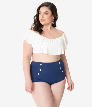 Unique Vintage Plus Size Mrs. Cooper Navy & White Heart Buttons Sailor Swim Shorts