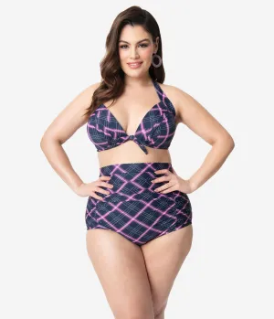 Unique Vintage Plus Size Navy & Pink Plaid Monroe High Waist Swim Bottom