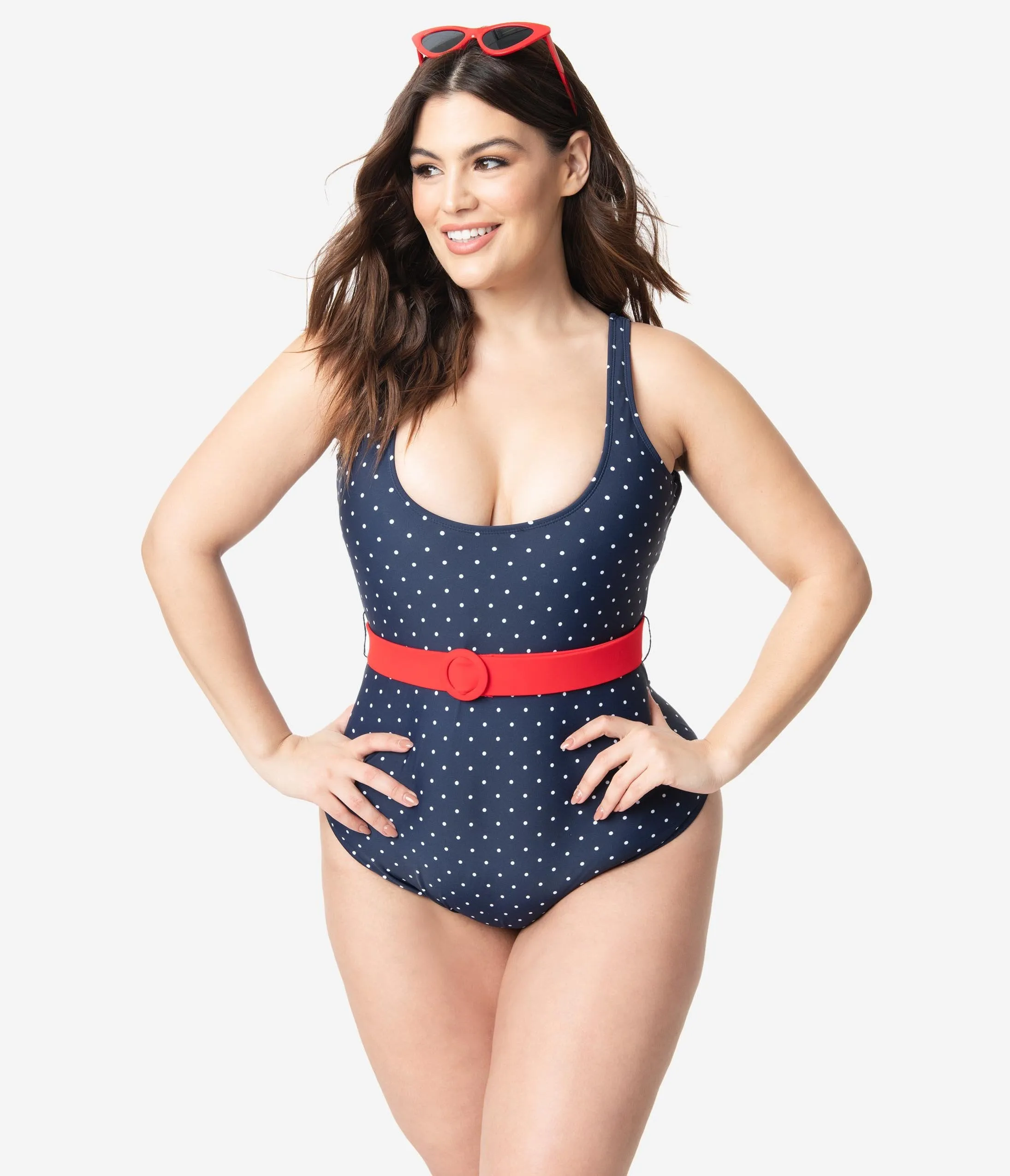 Unique Vintage Plus Size Navy & White Pin Dot Belted Huntington Swimsuit