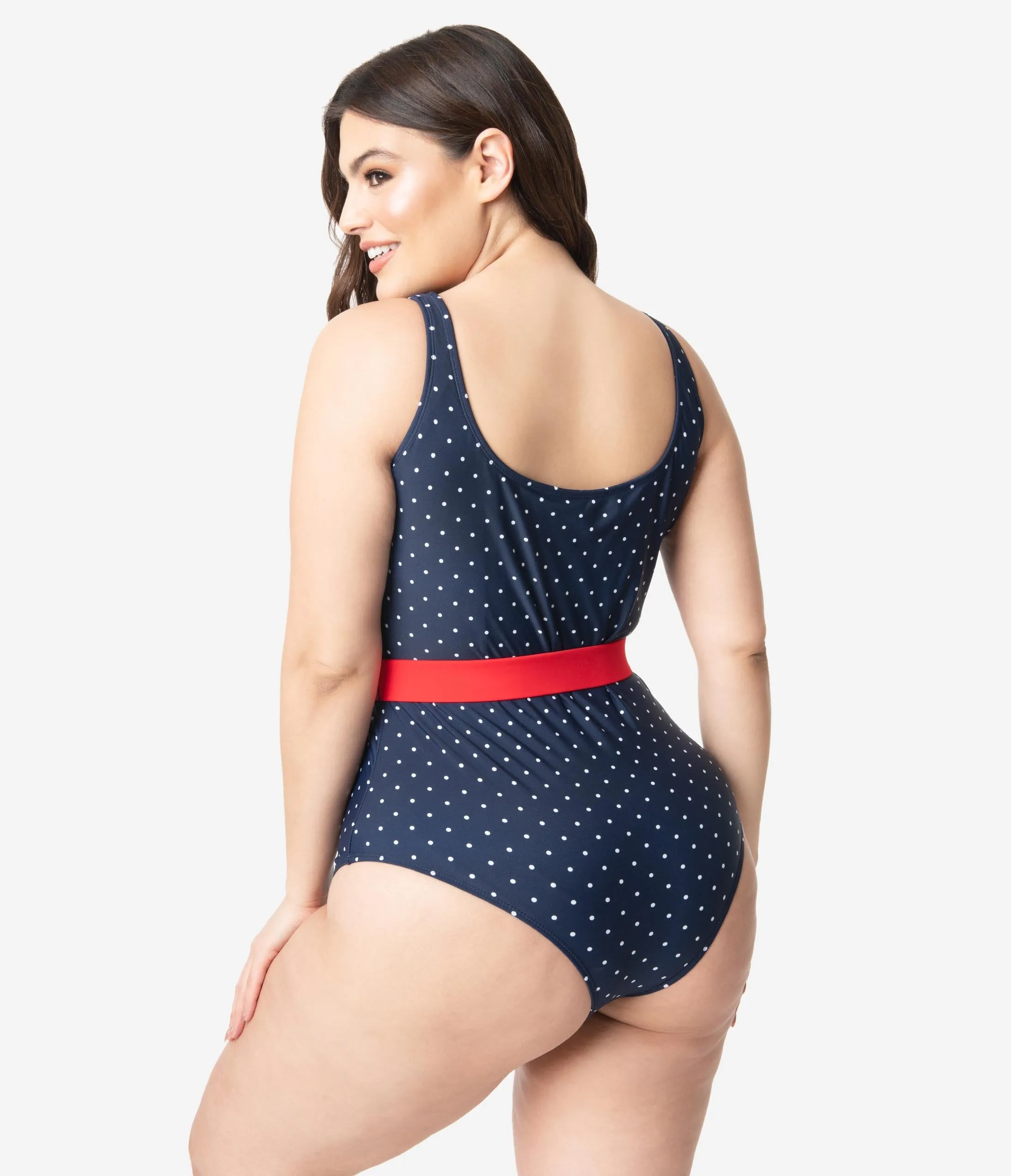 Unique Vintage Plus Size Navy & White Pin Dot Belted Huntington Swimsuit