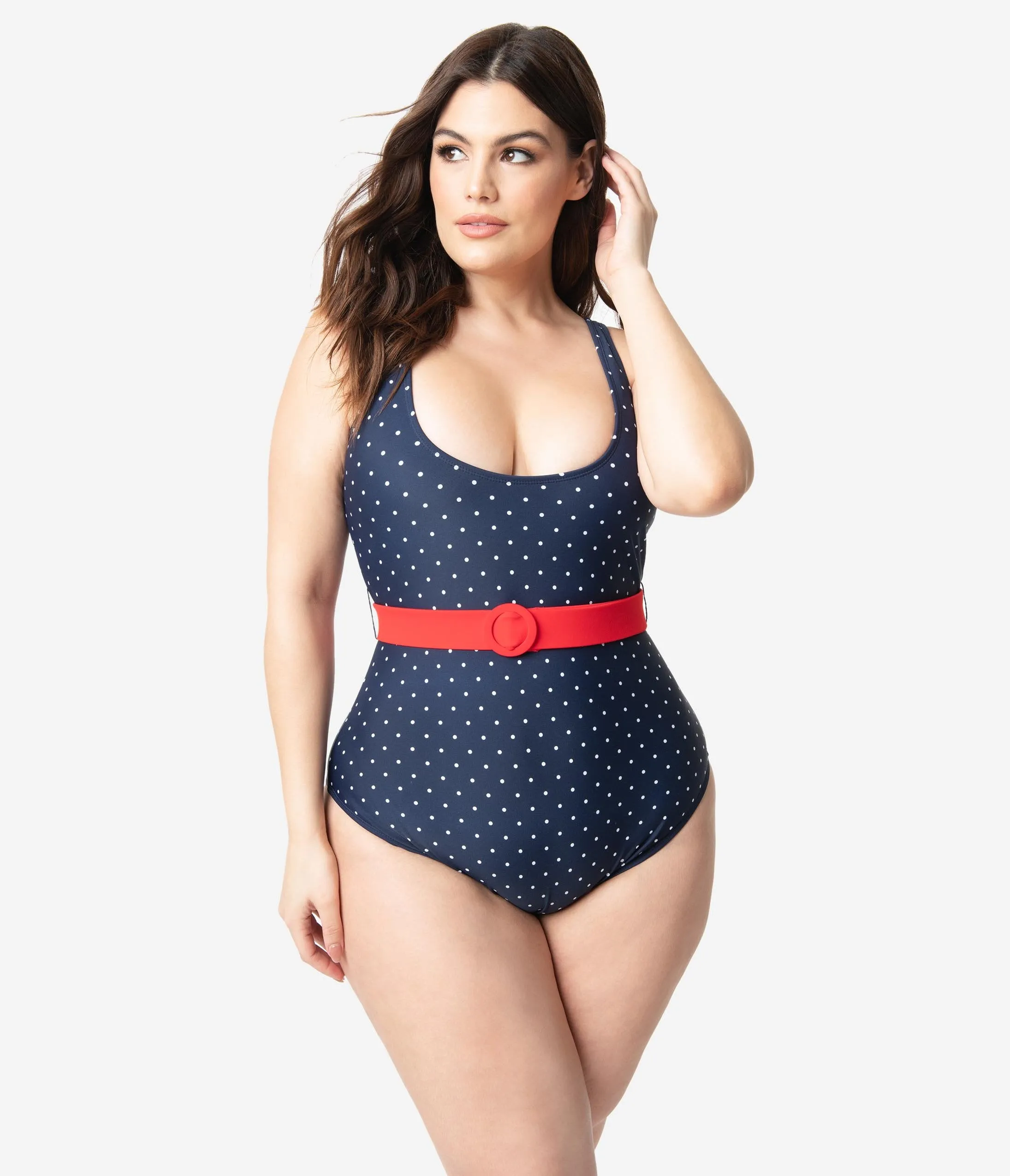 Unique Vintage Plus Size Navy & White Pin Dot Belted Huntington Swimsuit