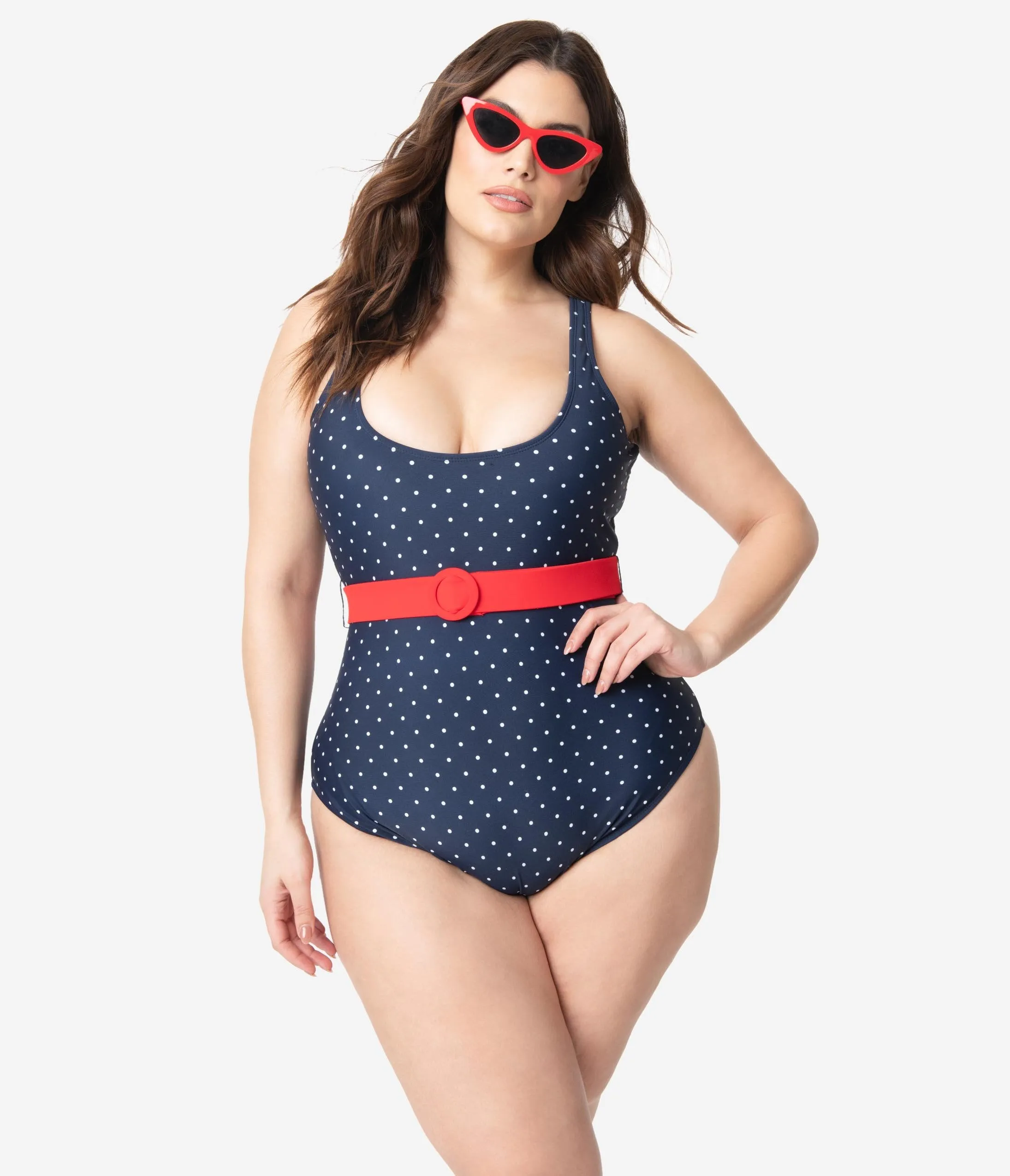 Unique Vintage Plus Size Navy & White Pin Dot Belted Huntington Swimsuit