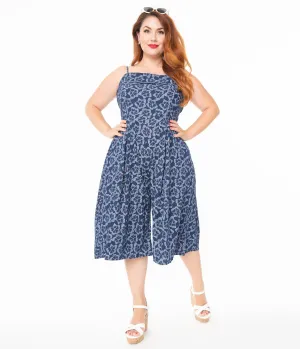 Unique Vintage Plus Size Navy Blue Embroidered Floral Nancy Romper