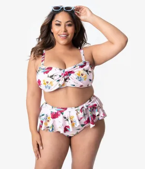 Unique Vintage Plus Size Pink Floral Print Ruffle Wrap High Waist Bonnie Bikini Bottoms