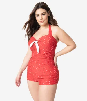 Unique Vintage Plus Size Red & White Pin Dot Boy Short Pismo Romper Swimsuit