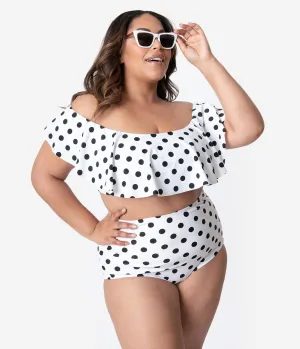 Unique Vintage Plus Size White & Black Dot High Waist Louise Swim Bottoms