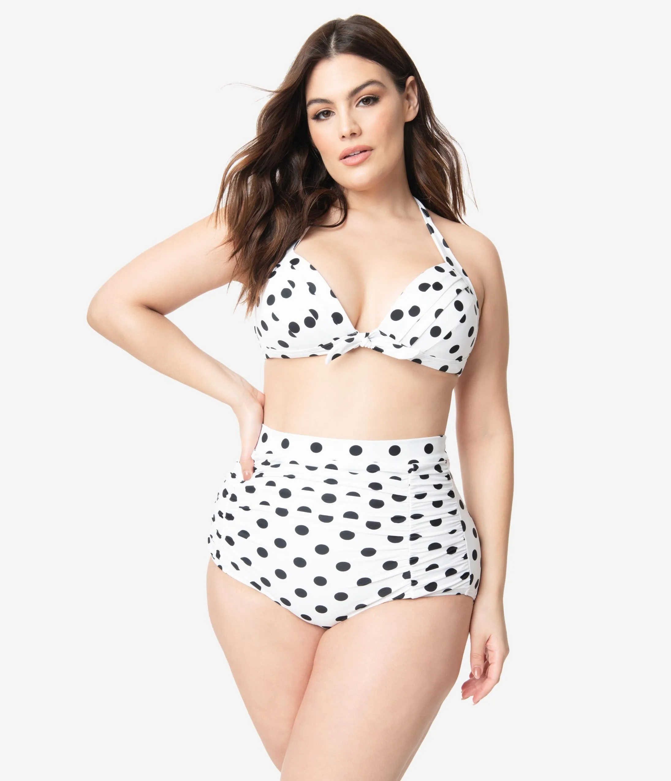 Unique Vintage Plus Size White & Black Dotted Monroe Halter Swim Top