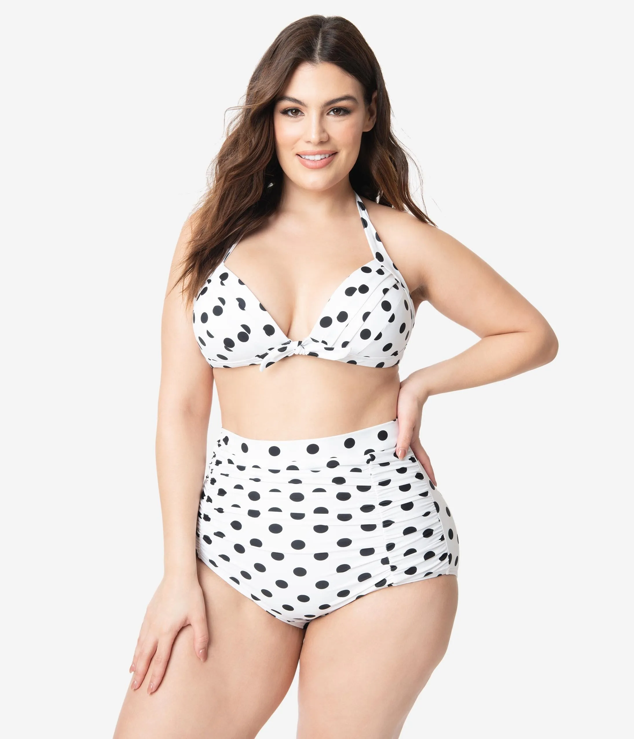 Unique Vintage Plus Size White & Black Dotted Monroe Halter Swim Top