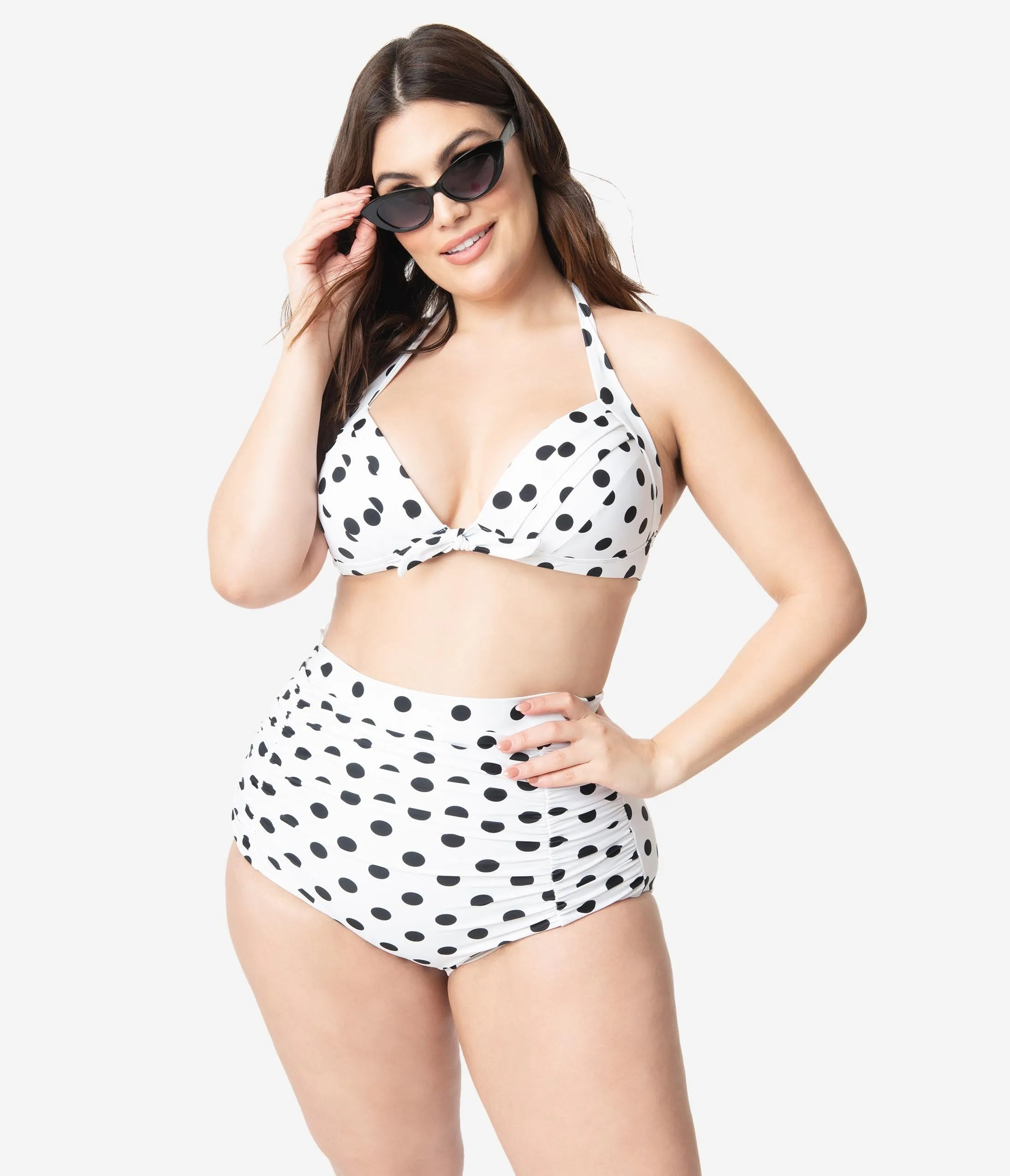 Unique Vintage Plus Size White & Black Dotted Monroe Halter Swim Top