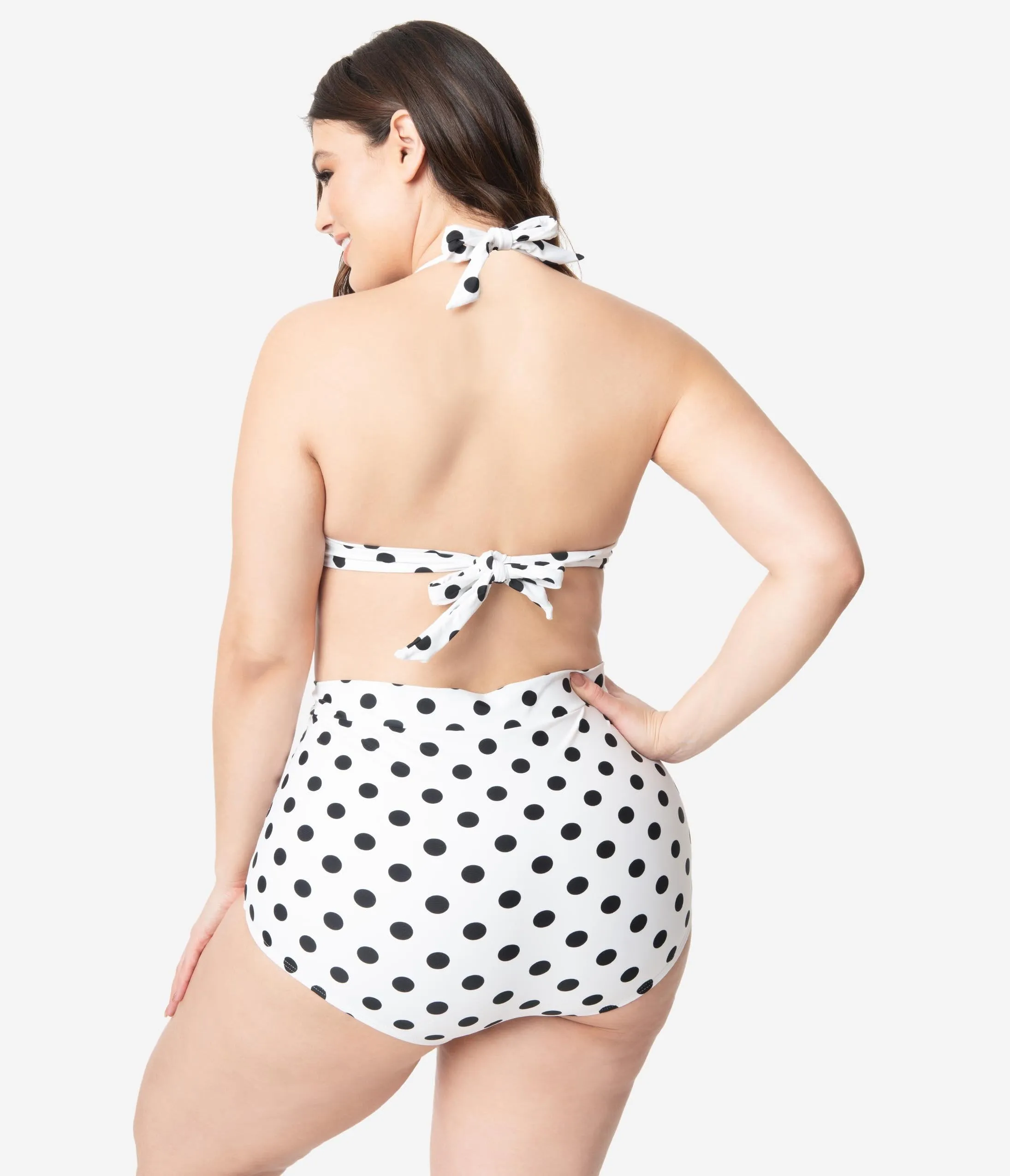 Unique Vintage Plus Size White & Black Dotted Monroe Halter Swim Top