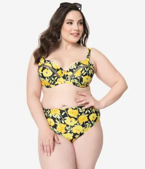 Unique Vintage Plus Size Yellow Poppy Print Daphne Swim Bottoms