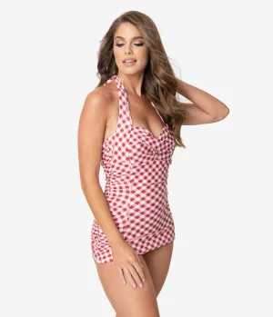 Unique Vintage Red & White Gingham Corinne Halter Sheath Swimsuit