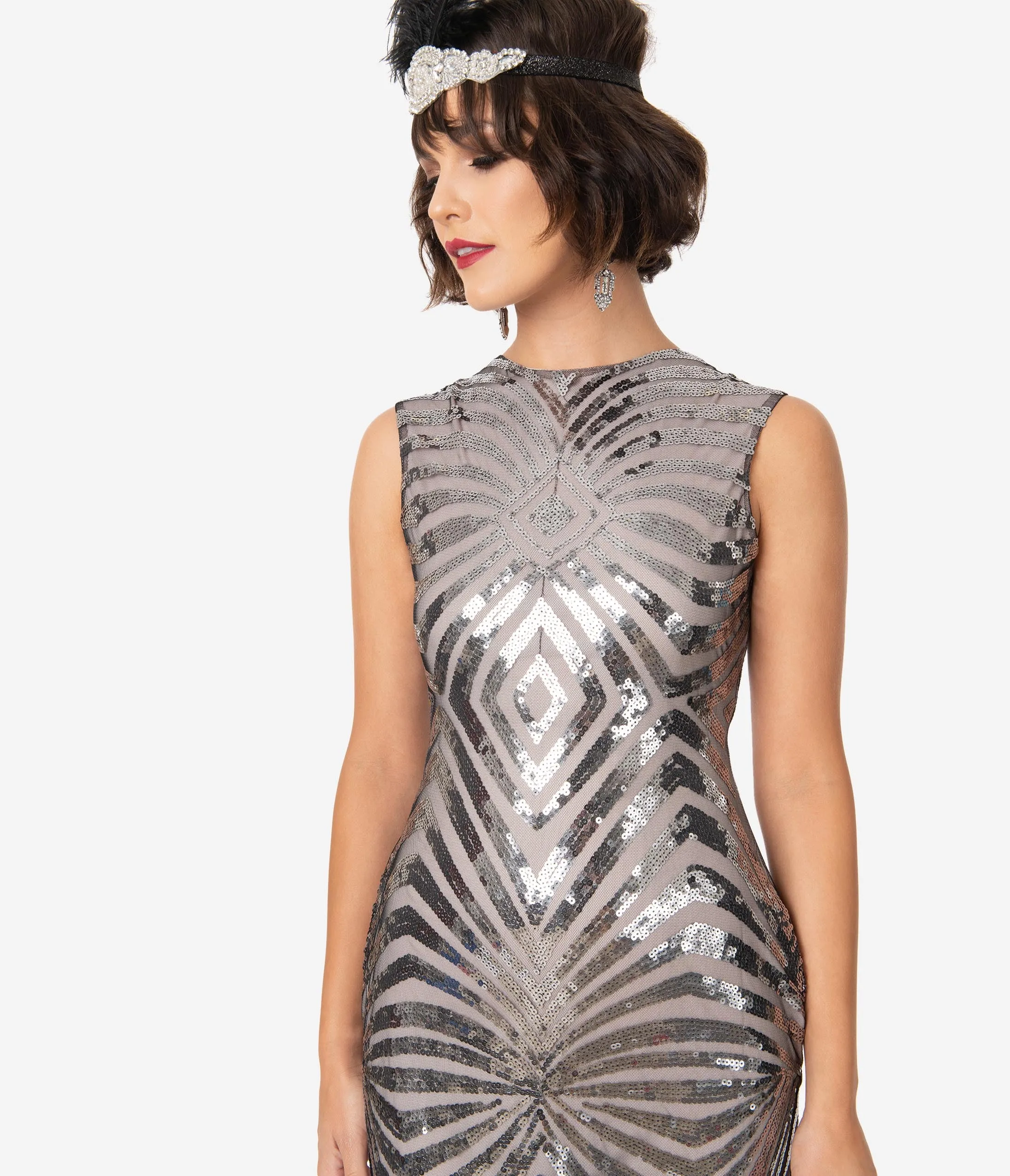 Unique Vintage Silver Sequin & Black Fringe Sandrine Flapper Dress