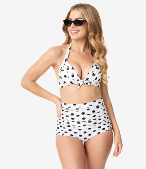 Unique Vintage White & Black Dotted Monroe Halter Swim Top