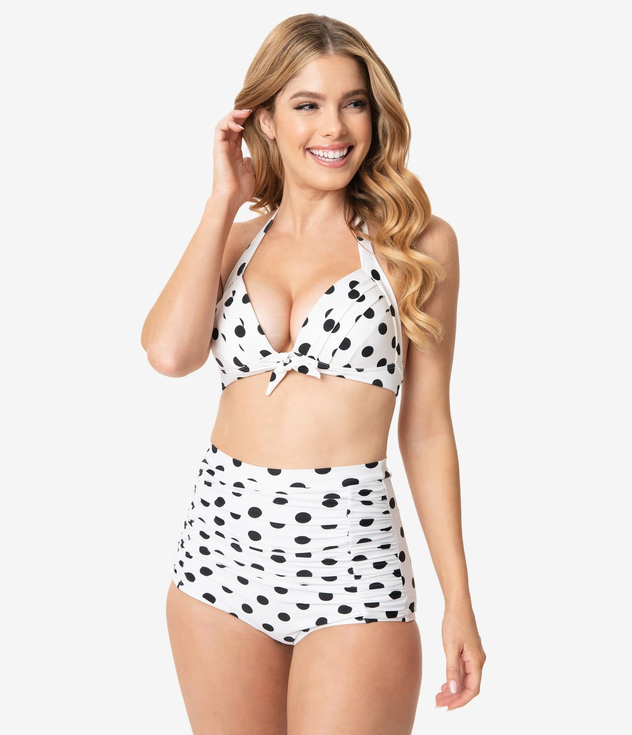 Unique Vintage White & Black Dotted Monroe High Waist Swim Bottom