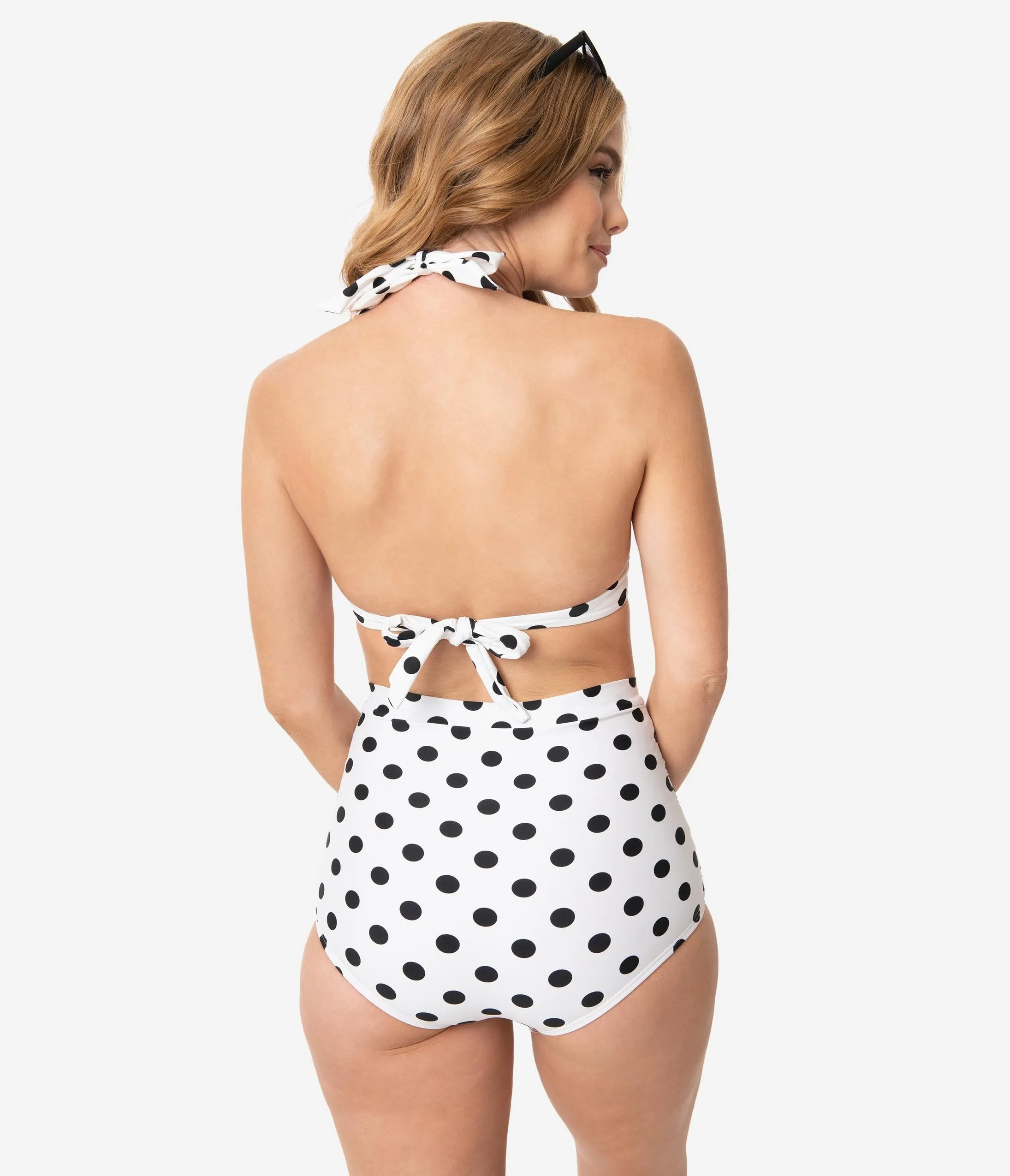 Unique Vintage White & Black Dotted Monroe High Waist Swim Bottom