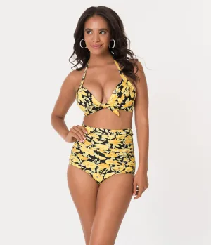 Unique Vintage Yellow Poppy Floral Print Monroe High Waist Swim Bottom