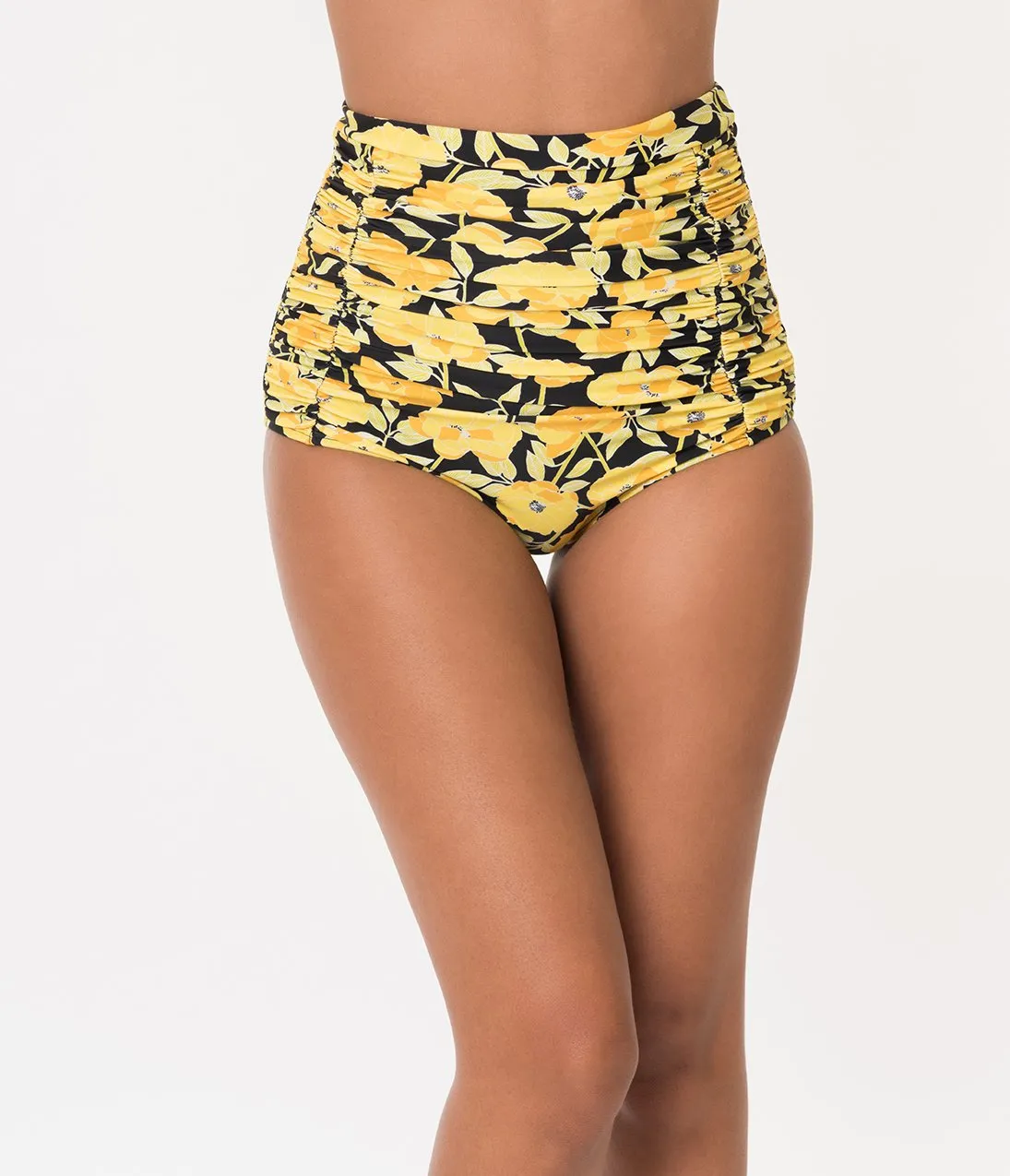 Unique Vintage Yellow Poppy Floral Print Monroe High Waist Swim Bottom