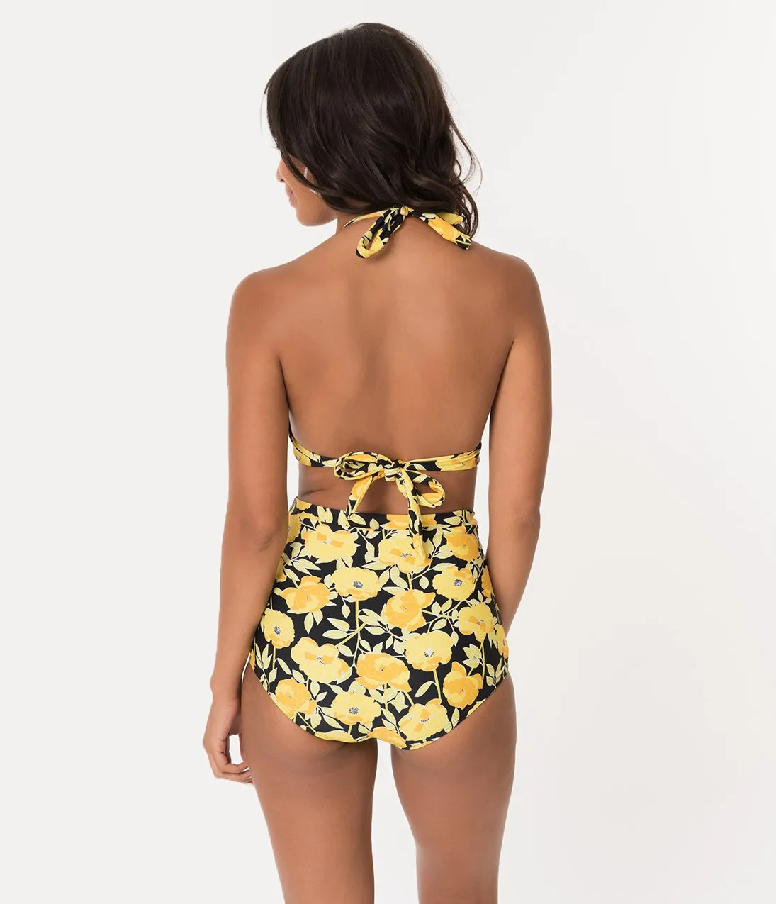 Unique Vintage Yellow Poppy Floral Print Monroe High Waist Swim Bottom