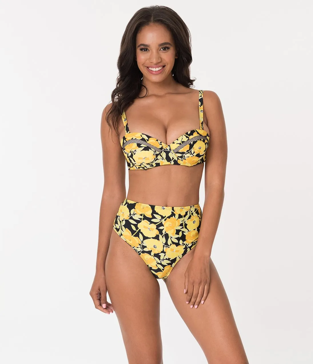 Unique Vintage Yellow Poppy Print Daphne Swim Bottoms