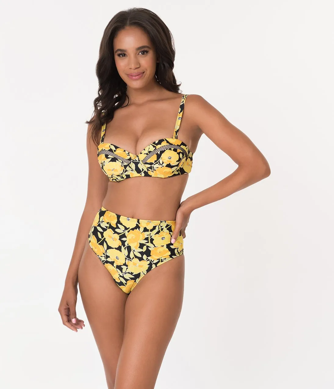 Unique Vintage Yellow Poppy Print Daphne Swim Bottoms