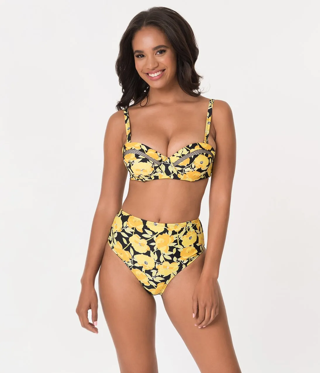 Unique Vintage Yellow Poppy Print Daphne Swim Bottoms