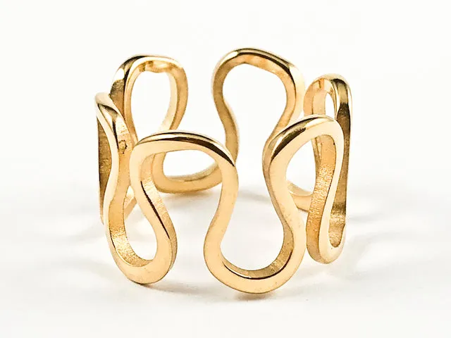 Unique Wavy & Curve Shape Form Design Pattern Eternity Gold Tone Steel Ring