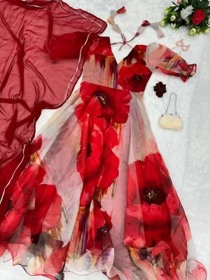 Unique White Color Gown With Maroon Flower