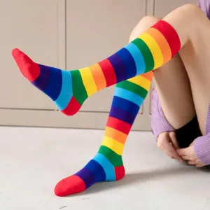 Unisex Cotton Colourful Rainbow Stripe knee Long Vintage Socks