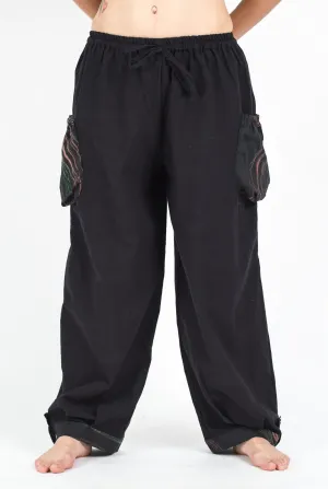 Unisex Drawstring Cotton Pants with Hill Tribe Trim in Black