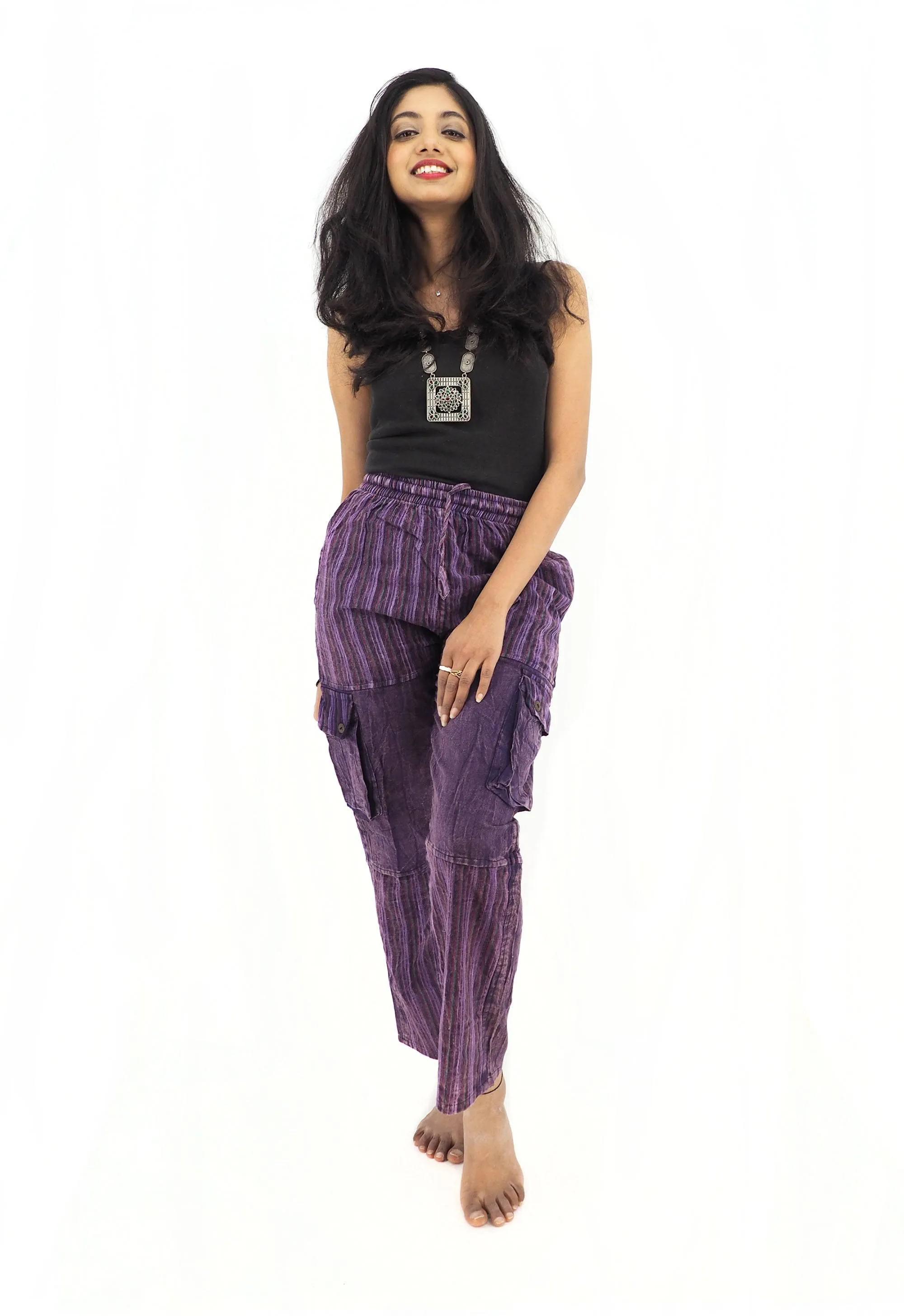 Unisex Handmade Casual Boho Cotton Solid And Stripe Purple Color Pants Size S-M-L-XL